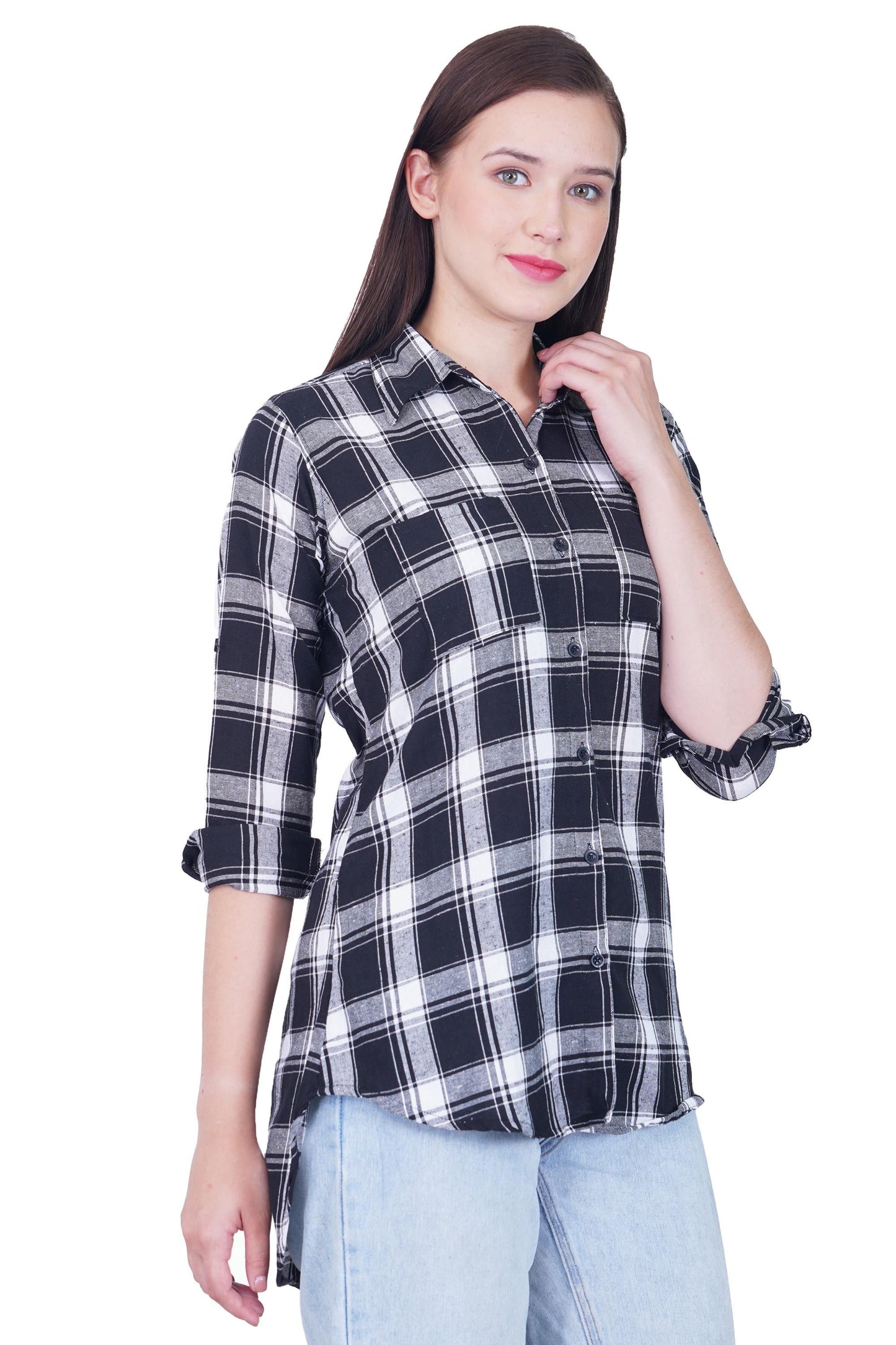 Checks Long Black Women Tunic Top